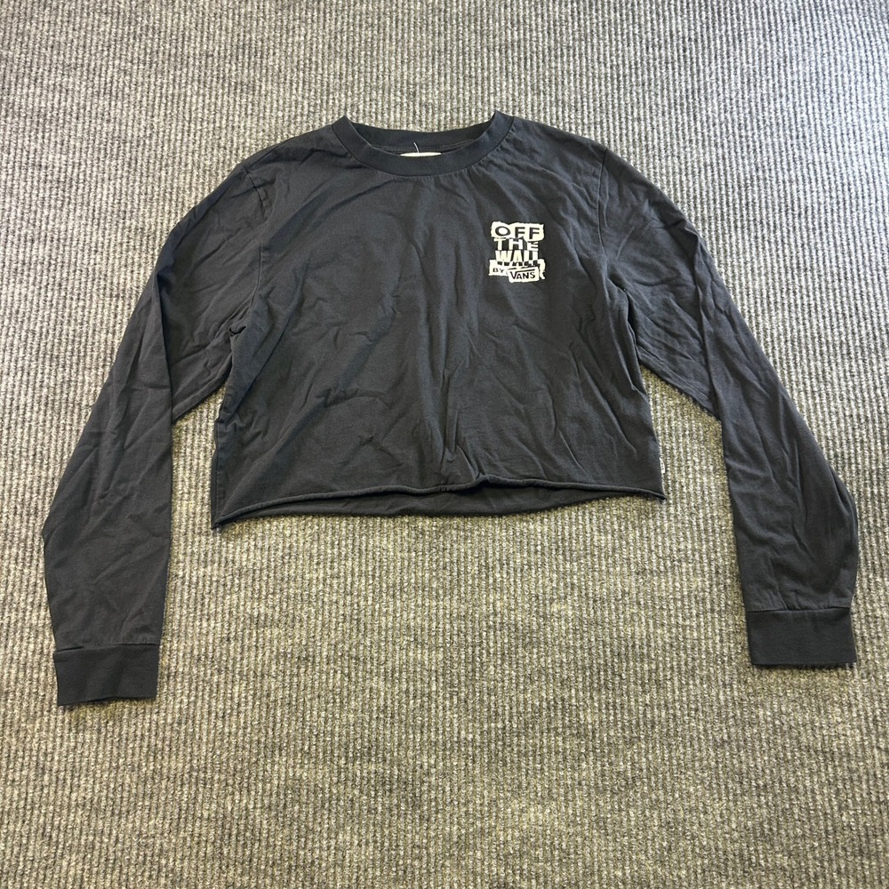 Vans Off The Wall Black Long Sleeve Cropped Graphic T-Shirt Women Size M Raw Hem